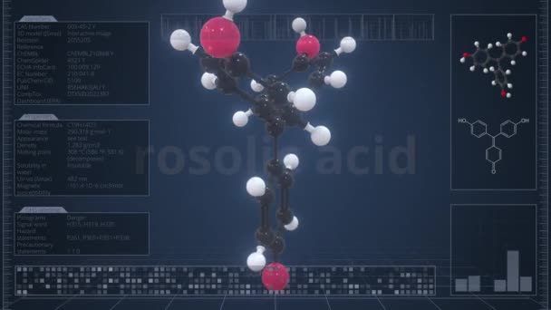 Bilgisayar monitöründe bilgi grafikleri olan Rosolik asit molekülü, döngüsel 3D animasyon — Stok video