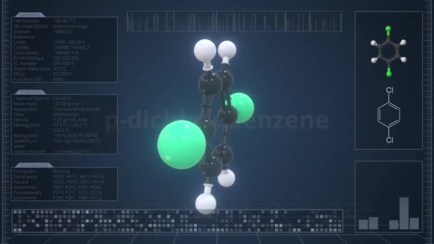 Bilgisayar monitöründe bilgi grafikleri olan p-diklorobenzen molekülü, döngüsel 3D animasyon — Stok video
