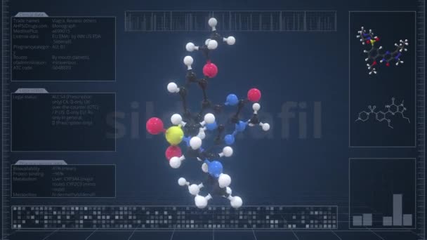 Sildenafil分子，电脑屏幕上有描述，3D动画易碎 — 图库视频影像