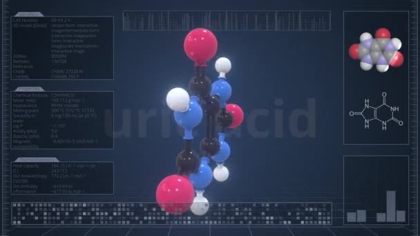 Visión general de la molécula de ácido úrico en la pantalla del ordenador. Animación 3d Loopable — Vídeos de Stock