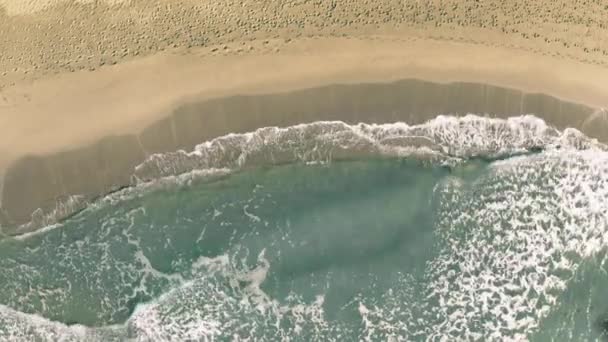Ibiza tekst onthuld met de schaduw van een vliegend commercieel vliegtuig op het strand, lucht top-down zicht — Stockvideo