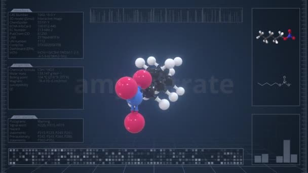 Молекула нитрата амила с описанием на экране компьютера, зацикленная 3D анимация — стоковое видео