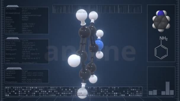 Översikt av molekylen av anilin på datorskärmen. Loopable 3D-animering — Stockvideo