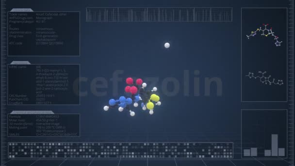 Molécula de cefazolina con descripción en la pantalla del ordenador, animación 3D loopable — Vídeo de stock