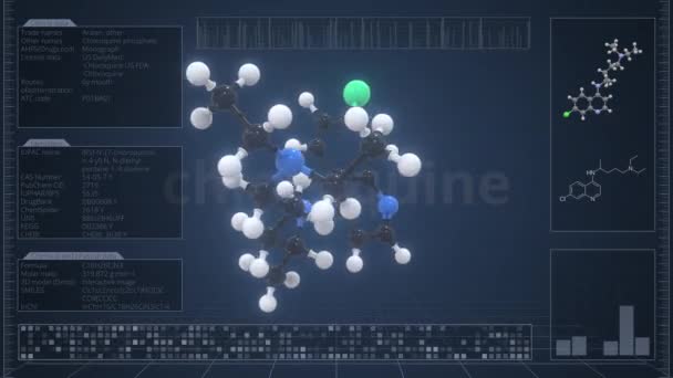 Klorokin molekula infografikával a számítógép monitoron, hurok alapú 3D animáció — Stock videók