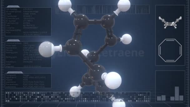 Cyklooctatetraen molekyl med beskrivelse på dataskjermen, loopable 3d animasjon – stockvideo
