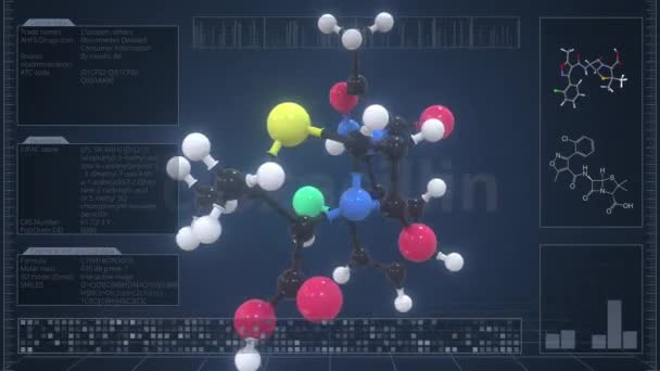 Bilgisayar ekranında Cloxacillin molekülünün genel görünümü. Döngüsel 3d canlandırma — Stok video