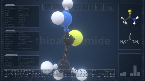 Молекула тиоацетамида с инфографикой на мониторе компьютера, зацикленная 3D анимация — стоковое видео