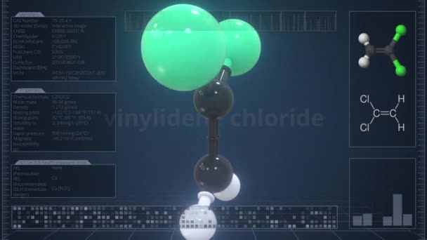 コンピュータ スクリーン,ループ可能な3dアニメーションの記述が付いているビニリジン塩化物分子 — ストック動画