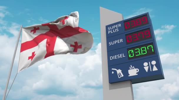 Grúzia zászlója és benzinkút aláírja a táblát emelkedő üzemanyagárakkal. Fogalmi 3D animáció — Stock videók