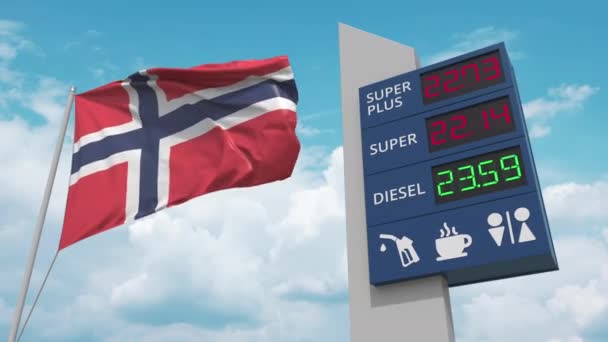 Tablero de letreros de gasolinera con el aumento de los precios del combustible y la bandera nacional de Noruega, animación 3D conceptual — Vídeos de Stock