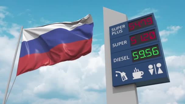 Oroszország zászlaja és a benzinkút aláírja a táblát emelkedő üzemanyagárakkal. Fogalmi 3D animáció — Stock videók