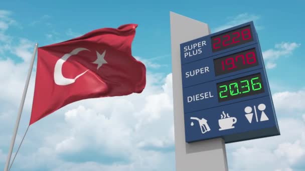 A török lobogó és a benzinkút aláírja a táblát emelkedő üzemanyagárakkal. Fogalmi 3D animáció — Stock videók