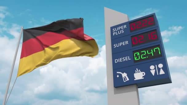 Tablero de letreros de gasolinera con el aumento de los precios del combustible y la bandera nacional de Alemania, animación 3D conceptual — Vídeos de Stock