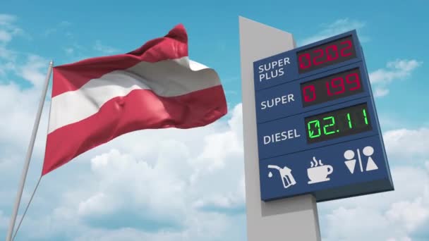 Ausztria zászlója és a benzinkút aláírja a táblát emelkedő üzemanyagárakkal. Fogalmi 3D animáció — Stock videók