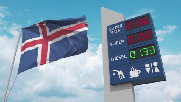 Benzinkút tábla növekvő üzemanyagárakkal és nemzeti zászlóval Izland, koncepcionális 3D animáció — Stock videók