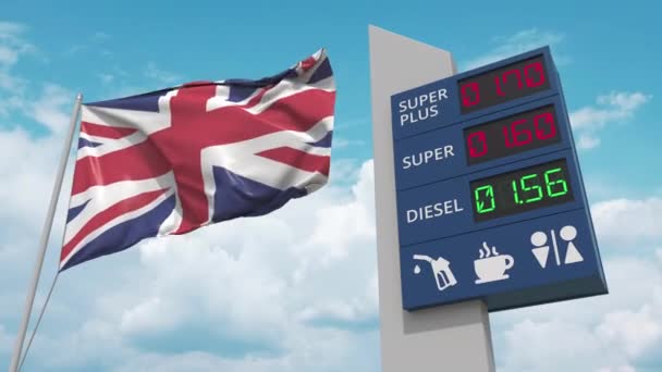 Panneau de station-service avec hausse des prix du carburant et drapeau national du Royaume-Uni, animation 3D conceptuelle — Video