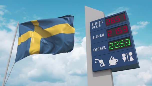 A svéd lobogó és a benzinkút aláírja a táblát emelkedő üzemanyagárakkal. Fogalmi 3D animáció — Stock videók