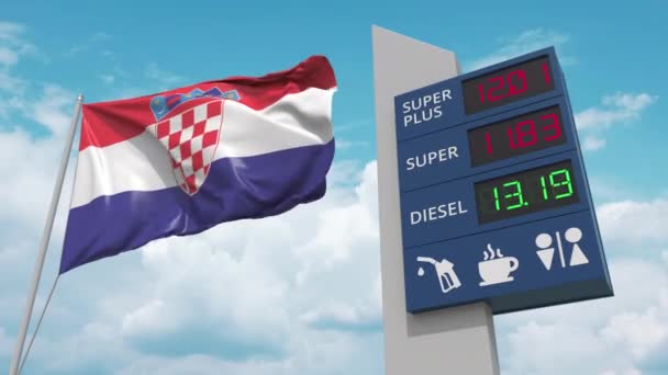 Benzinkút tábla emelkedő üzemanyagárakkal és nemzeti zászlóval Horvátország, koncepcionális 3D animáció — Stock videók