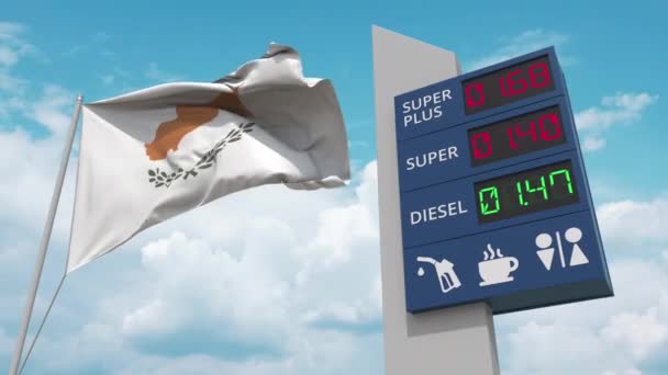 随着燃料价格上涨，塞浦路斯国旗和加油站标志板也在上涨。概念性3D动画 — 图库视频影像