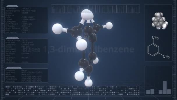 Visão geral da molécula de 1,3-dimetilbenzeno na tela do computador. Loopable 3d animação — Vídeo de Stock