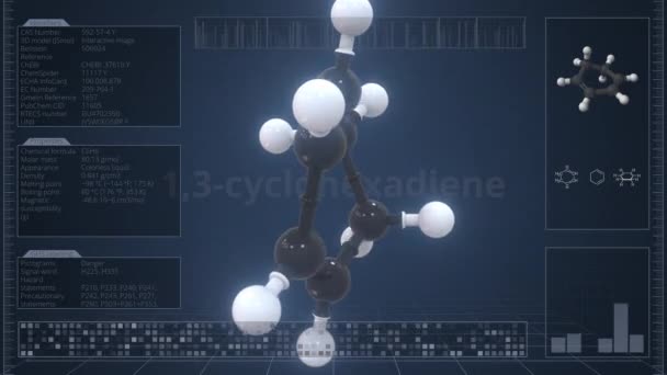 Molekyler av 1,3-cyklohexadien med infografik på datorskärmen, loopbar 3D-animering — Stockvideo