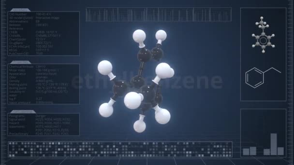 Översikt över molekylen etylbensen på datorskärmen. Loopable 3D-animering — Stockvideo