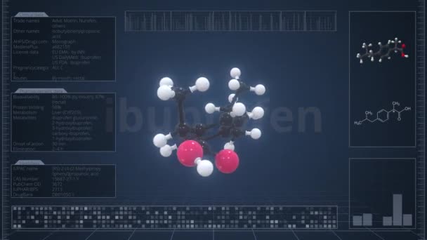 Молекула ибупрофена с описанием на экране компьютера, зацикленная 3D анимация — стоковое видео