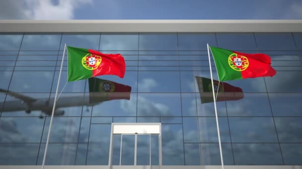 Размахивание флагами Португалии в аэропорту и посадка самолета — стоковое видео