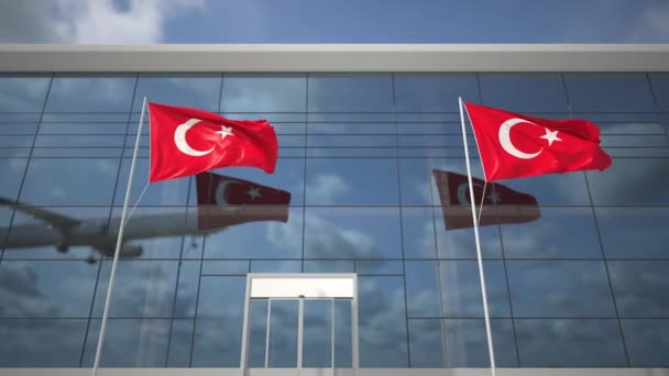 Avión de aterrizaje y banderas de Turquía en la terminal del aeropuerto — Vídeos de Stock