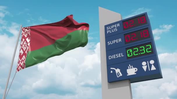 Gas station sign board with rising fuel prices and national flag of Belarus, conceptual 3D animation — Stock Video