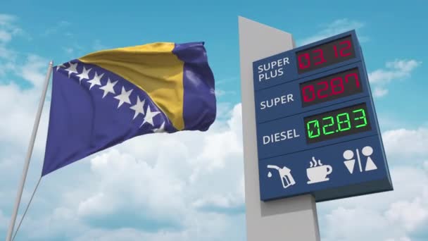Steagul Bosniei și Herțegovinei și placa de semnalizare a benzinăriei cu prețuri crescute ale combustibilului. Animație 3D conceptuală — Videoclip de stoc