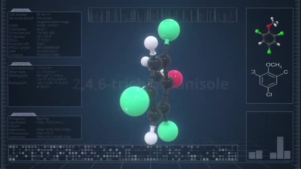 コンピュータ スクリーン,ループ可能な3dアニメーションの記述が付いている2,4,6トリクロロリナゾール分子 — ストック動画