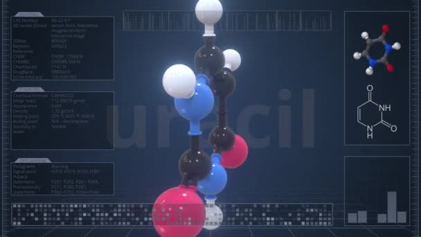 Молекула урацила с инфографикой на мониторе компьютера, зацикленная 3D анимация — стоковое видео