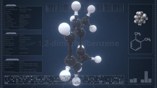 Molekyl av 1,2-dimetylbenzen med infografikk på dataskjermen, loopable 3d animasjon – stockvideo