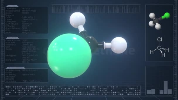 Молекула хлорометана с инфографикой на мониторе компьютера, зацикленная 3D анимация — стоковое видео