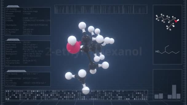 Молекула 2-этил-1-гексанол с описанием на экране компьютера, зацикленная 3D анимация — стоковое видео