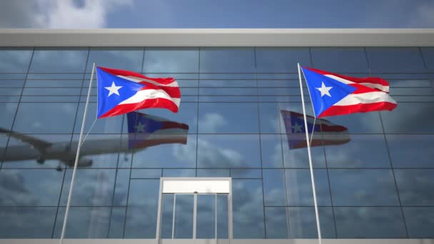 Flags of Puerto Rico in the airport and landing commercial plane — Stock Video