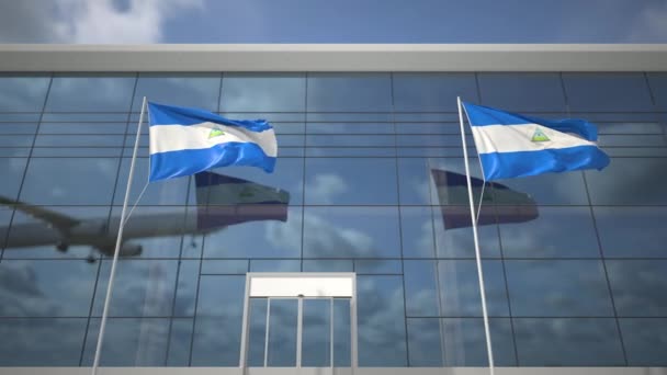 Flagi Nikaragui na lotnisku i lądowanie samolotu komercyjnego — Wideo stockowe
