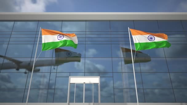 Vlaggen van India in de luchthaven en landing commerciële vliegtuig — Stockvideo