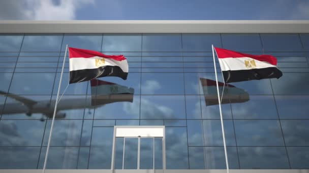 Посадка авиалайнера и флагов Египта в терминале аэропорта — стоковое видео