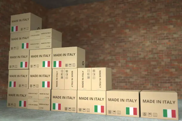 Kästen mit Made in Italy-Text bilden eine rückläufige Balkendiagramm. Krisenbedingtes konzeptionelles 3D-Rendering lizenzfreie Stockfotos