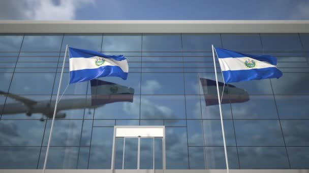 Αεροσκάφος προσγείωσης και σημαίες του Ελ Σαλβαδόρ στον τερματικό σταθμό του αεροδρομίου — Αρχείο Βίντεο