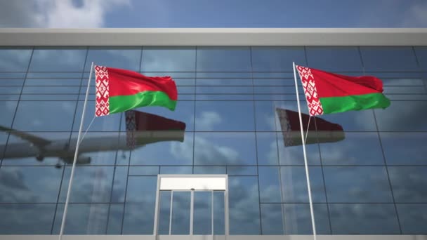 Bandeiras da Bielorrússia no aeroporto e desembarque avião comercial — Vídeo de Stock