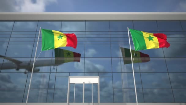 Wuivende vlaggen van Senegal op de luchthaven en landingsvliegtuig — Stockvideo
