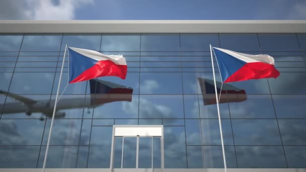 Atterrissage de l'avion de ligne et des drapeaux de la République tchèque dans le terminal de l'aéroport — Video