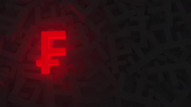 Gloeiende rode Zwitserse frank symbool onder de zwarte. Loopbare beweging achtergrond — Stockvideo