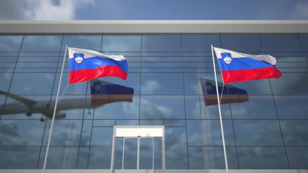 在机场和着陆飞机上飘扬着斯洛文尼亚国旗 — 图库视频影像