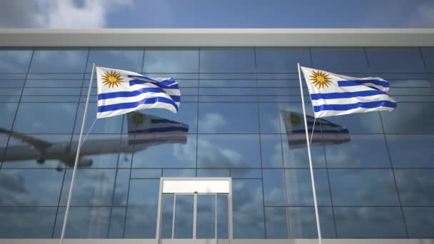Wuivende vlaggen van Uruguay in de luchthaven en landingsvliegtuig — Stockvideo