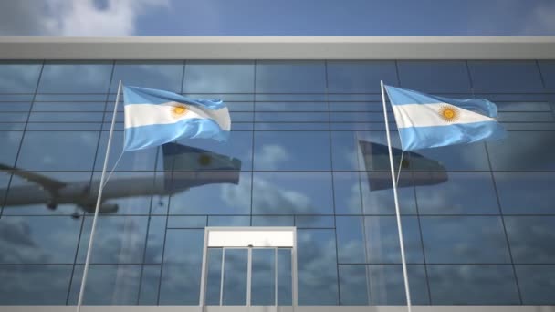 Avião de pouso e bandeiras da Argentina no terminal do aeroporto — Vídeo de Stock